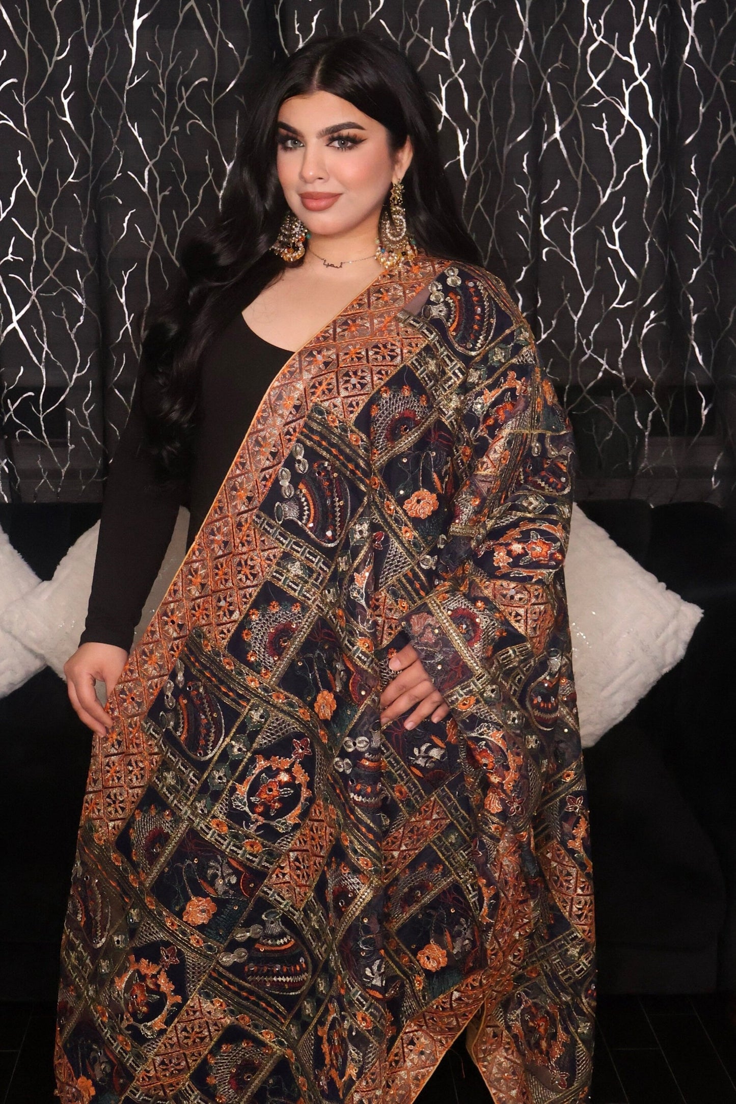 Handmade Pakistani Embroidered Scarf with Mirrors