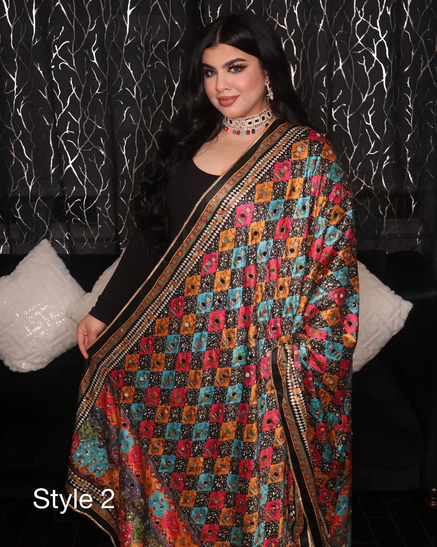 Handmade Pakistani Embroidered Scarf with Mirrors