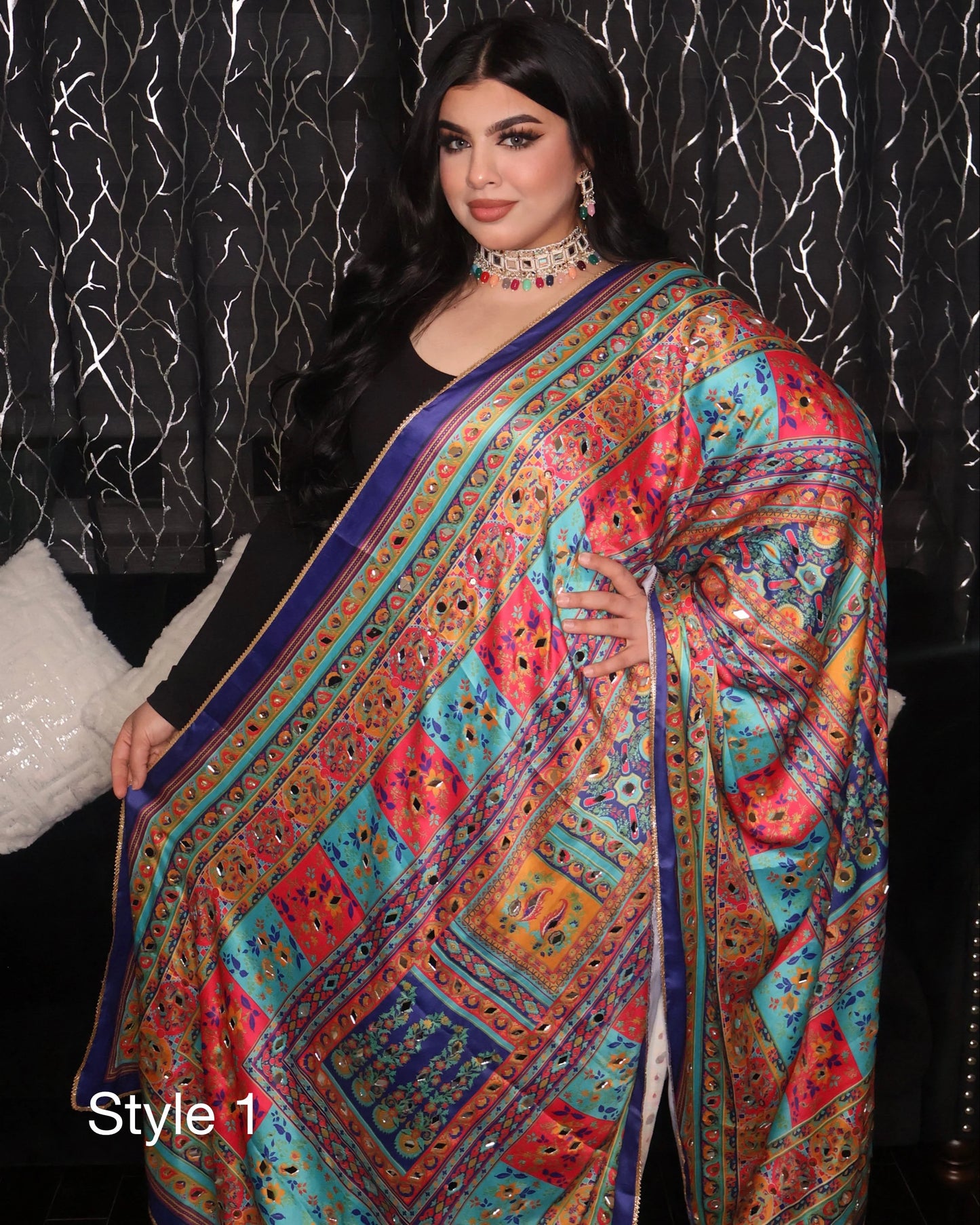 Handmade Pakistani Embroidered Scarf with Mirrors