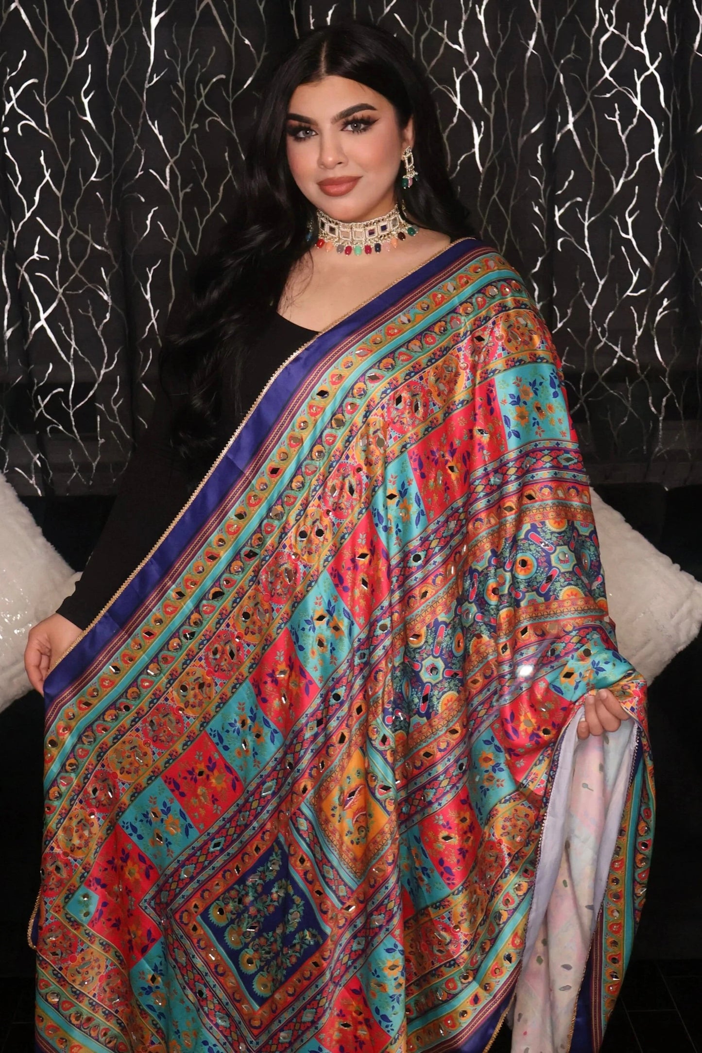 Handmade Pakistani Embroidered Scarf with Mirrors