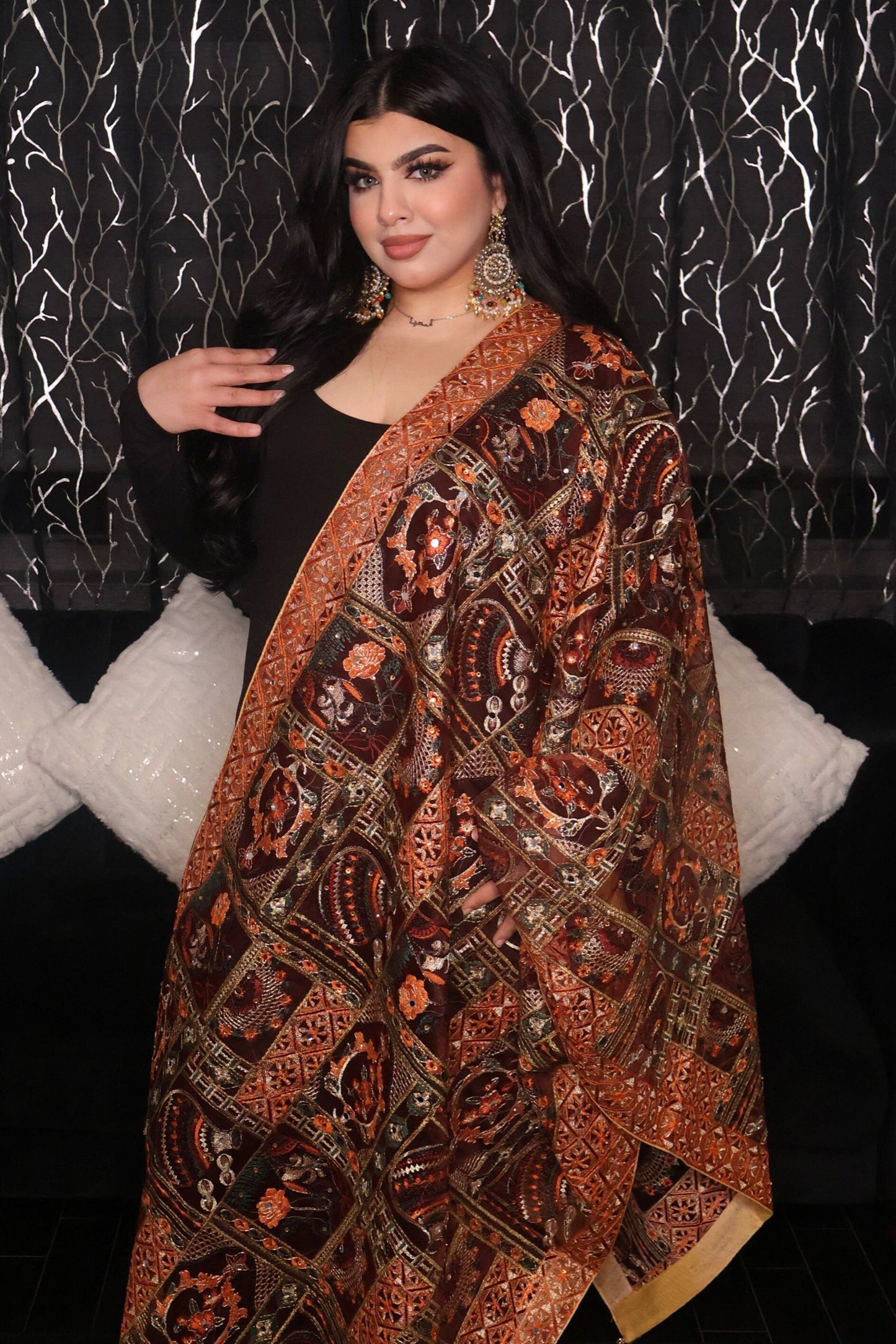 Handmade Pakistani Embroidered Scarf with Mirrors